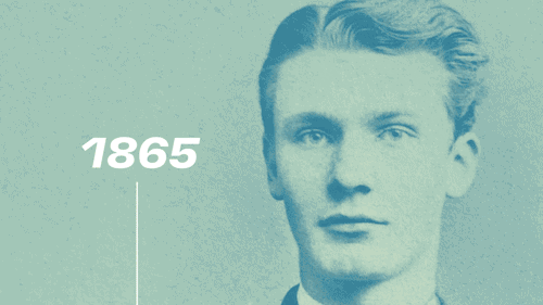 一段GIF动图展示了不同时期的弗里兹·汉高。在动图中我们可以依次看到弗里兹·汉高在不同人生阶段的形象：1865年17岁的青涩少年，1876年意气风发的青年，1895年蓄须沉稳的中年人，以及1928年白发浓髯的睿智长者。