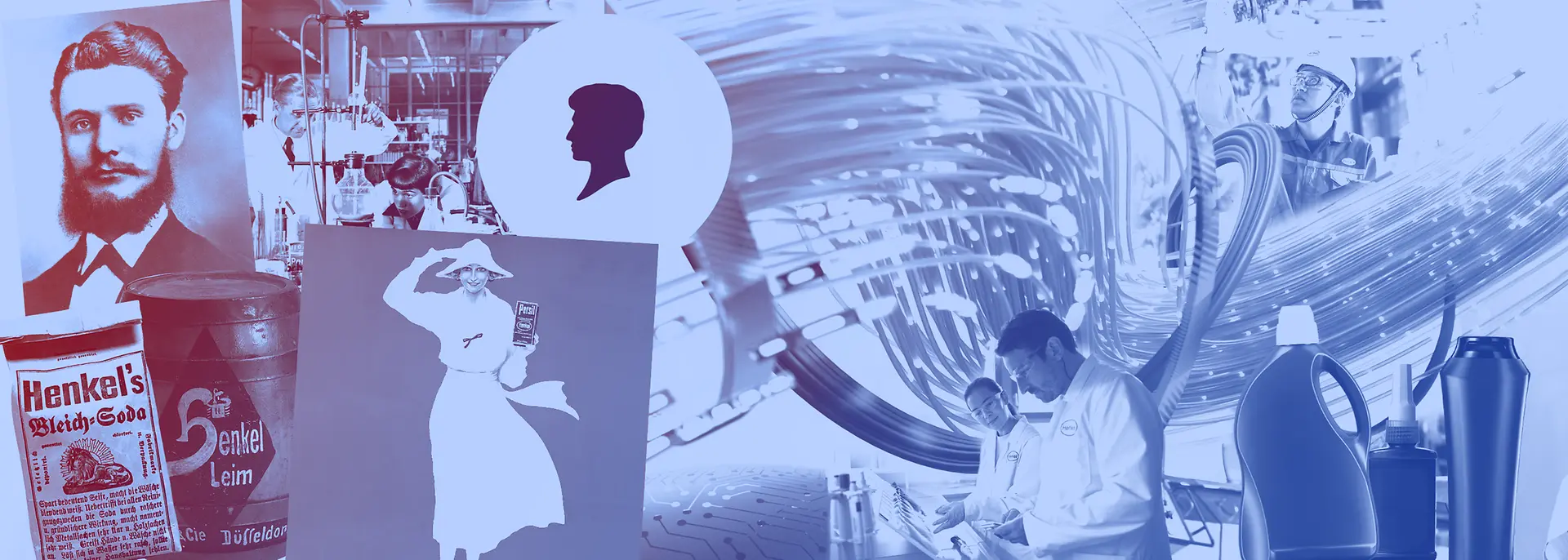 由汉高早期经典产品、洗涤剂瓶、实验室工作人员及历史广告组成的拼贴画，整体呈蓝色调。