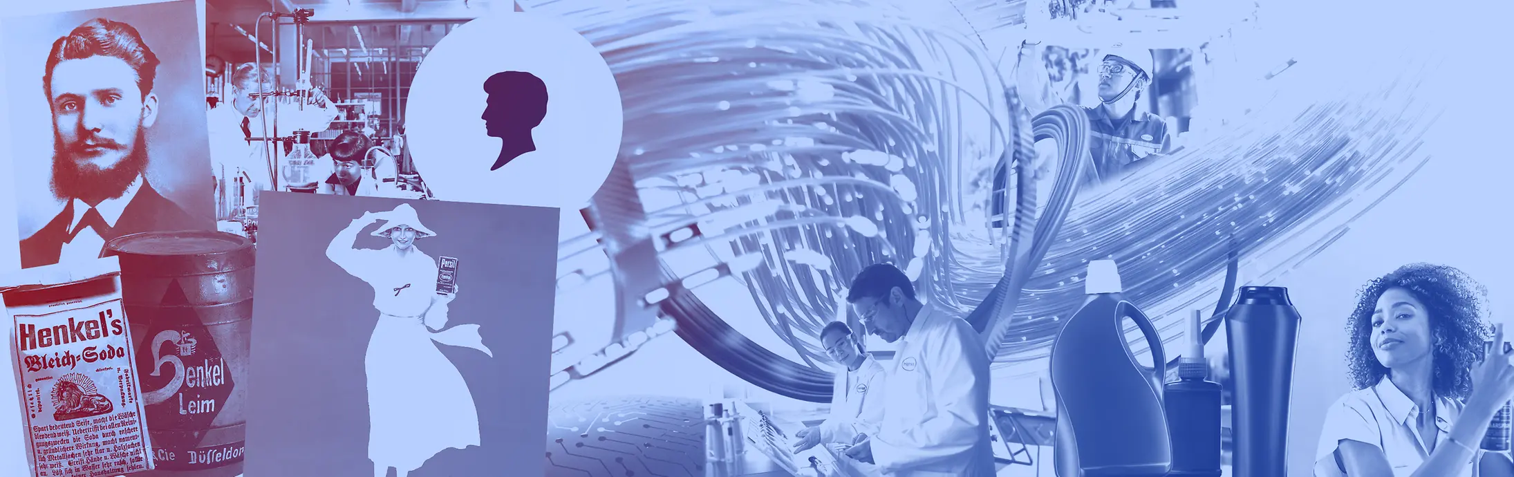 一组色调为蓝色的复古风格汉高产品拼贴画，包括洗涤剂瓶、实验室工作人员以及经典广告。