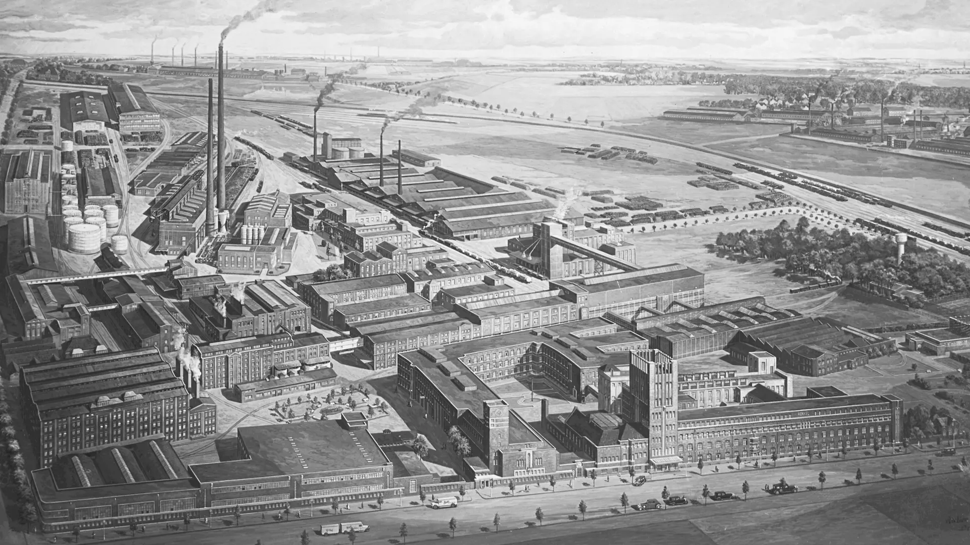 汉高杜塞尔多夫-霍尔索森工厂的手绘外观图。