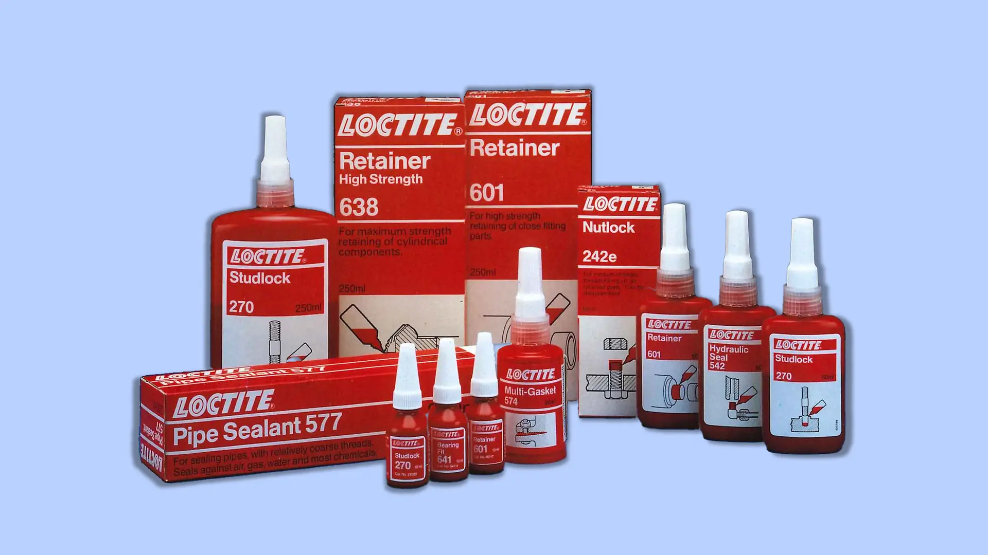 20世纪90年代的乐泰（Loctite）产品系列：适用于工业应用的各类产品。