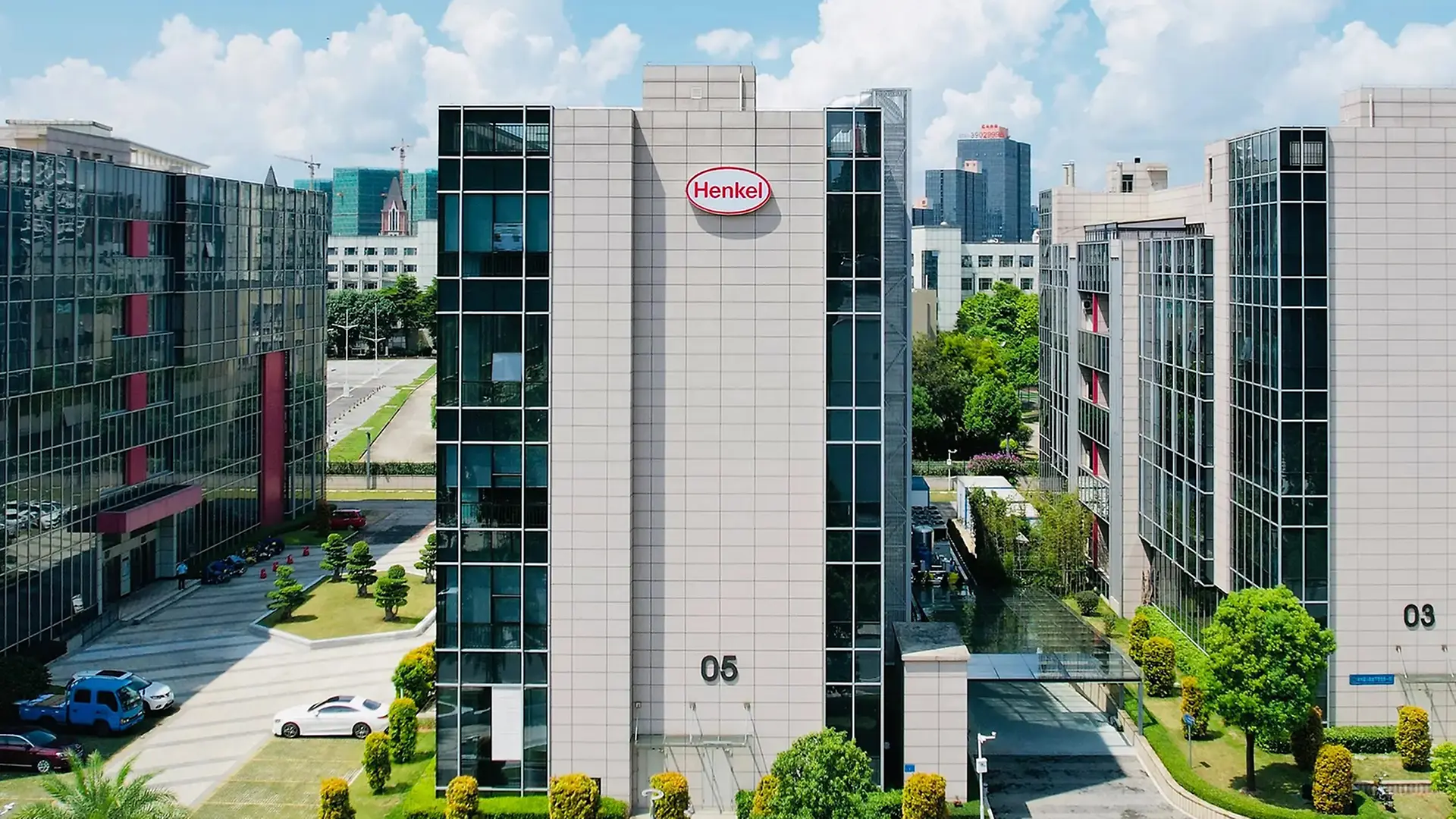 A building with Henkel logo in the middle