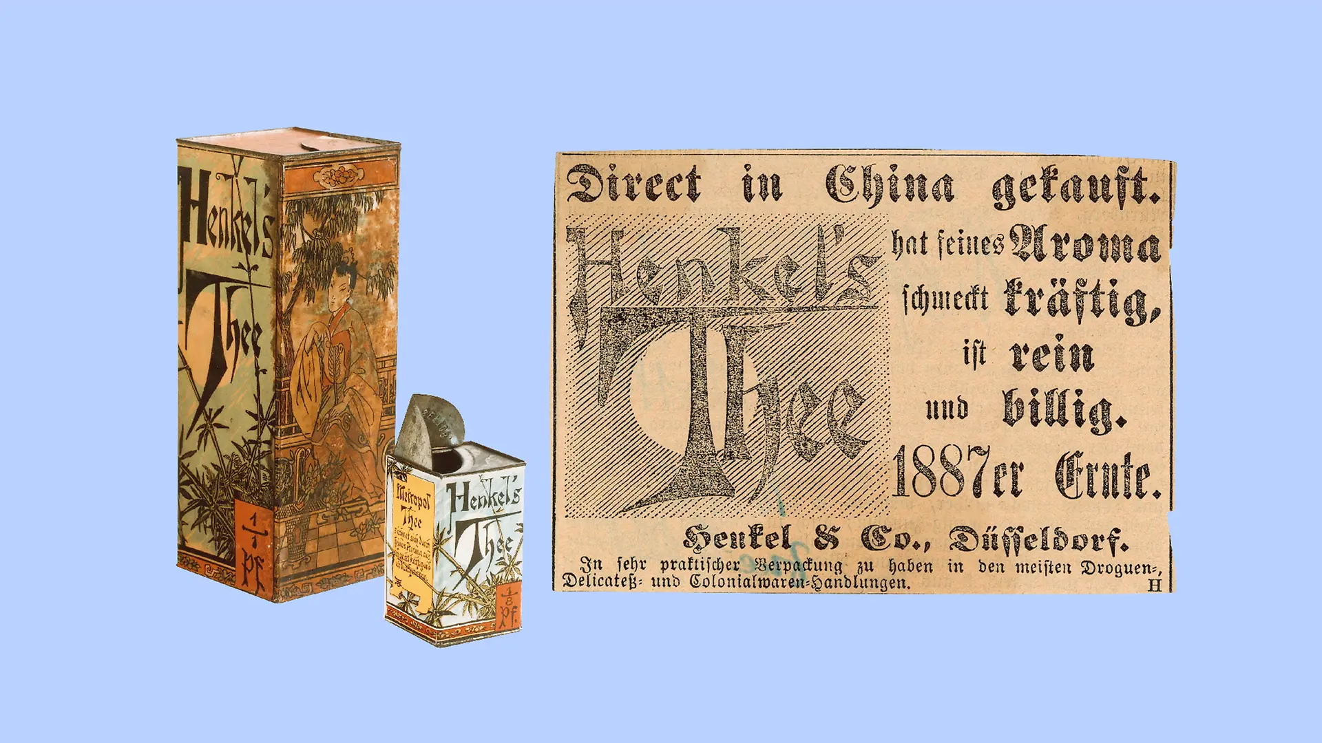 Collage of Henkel's Thee boxes and advertisement in 1887 with a blue background