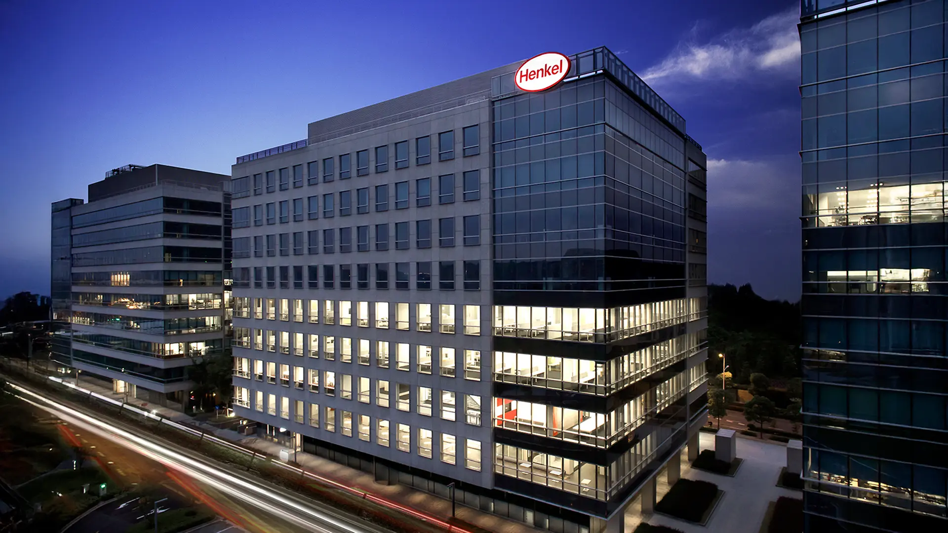 Henkel Management Center in night view.